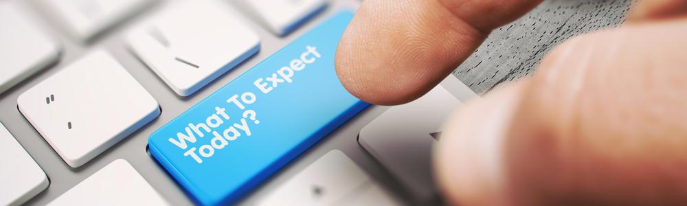 Bilden visar ett tangentbord med en knapp med texten "What to expect today".