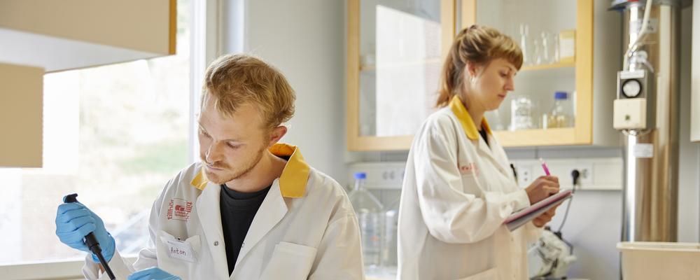 Två forskarstudenter gör experiment i laboratorium