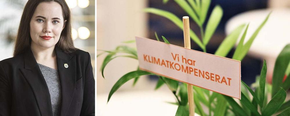 Skylt med texten "Vi klimatkompenserar" står i en blomkruka. Till vänster står Olivia Lind, vice kårordförande.