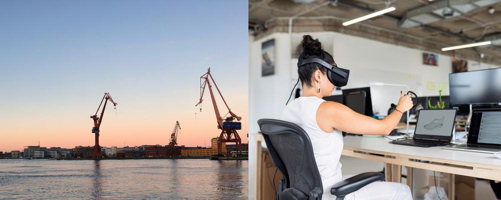 Photo of Gothenburg harbour and person working with AI
