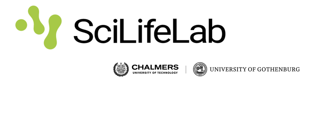 Vit bakgrund med text och logotyper för SciLifeLab, Göteborgs universitet och Chalmers.