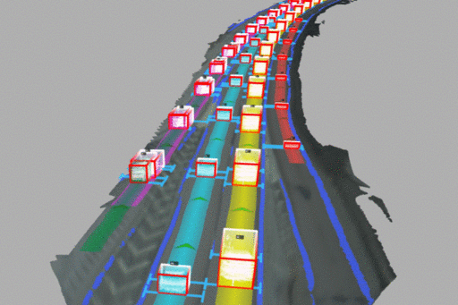 Datagenererad bild från forskningsfordondet Snowfox med översikt över omgivande fordons placering och riktning.