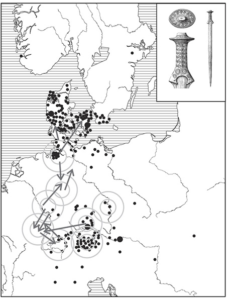 Kartan visar de arkeologiskt dokumenterade förbindelserna mellan Norden och Sydtyskland under bronsåldern.
