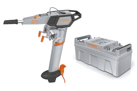 Tillverkarens bild av den elektriska utombordsmotorn med batteri