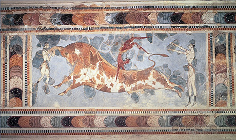 Den berömda freskmålningen med tjurakrobaterna i Knossos.
