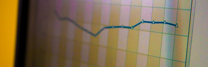 Kurvan på skärmen visar GU:s utveckling i Shanghairankningens mätningar.
