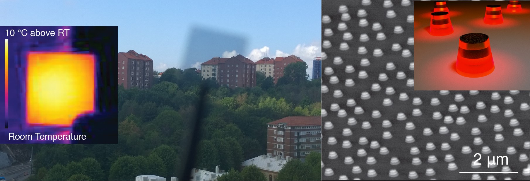 Glass surface with antennas (left), and heat camera image of the glass