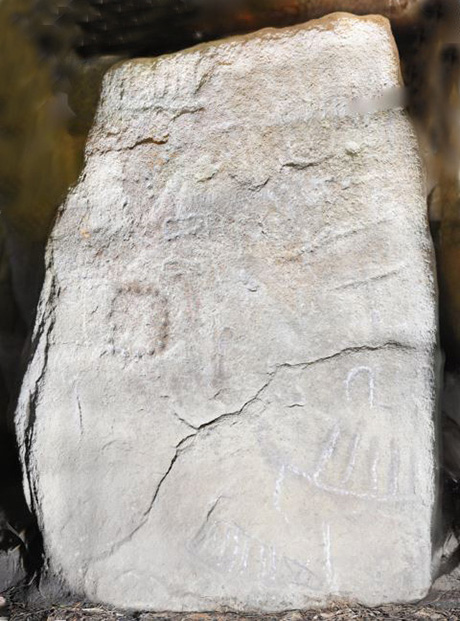 Sten med båtinristningar i megalitgraven Mane Lud Bretagne