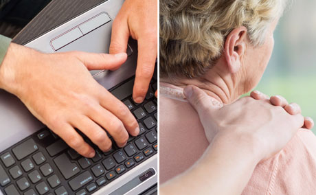 Fotokollage med laptop och en person