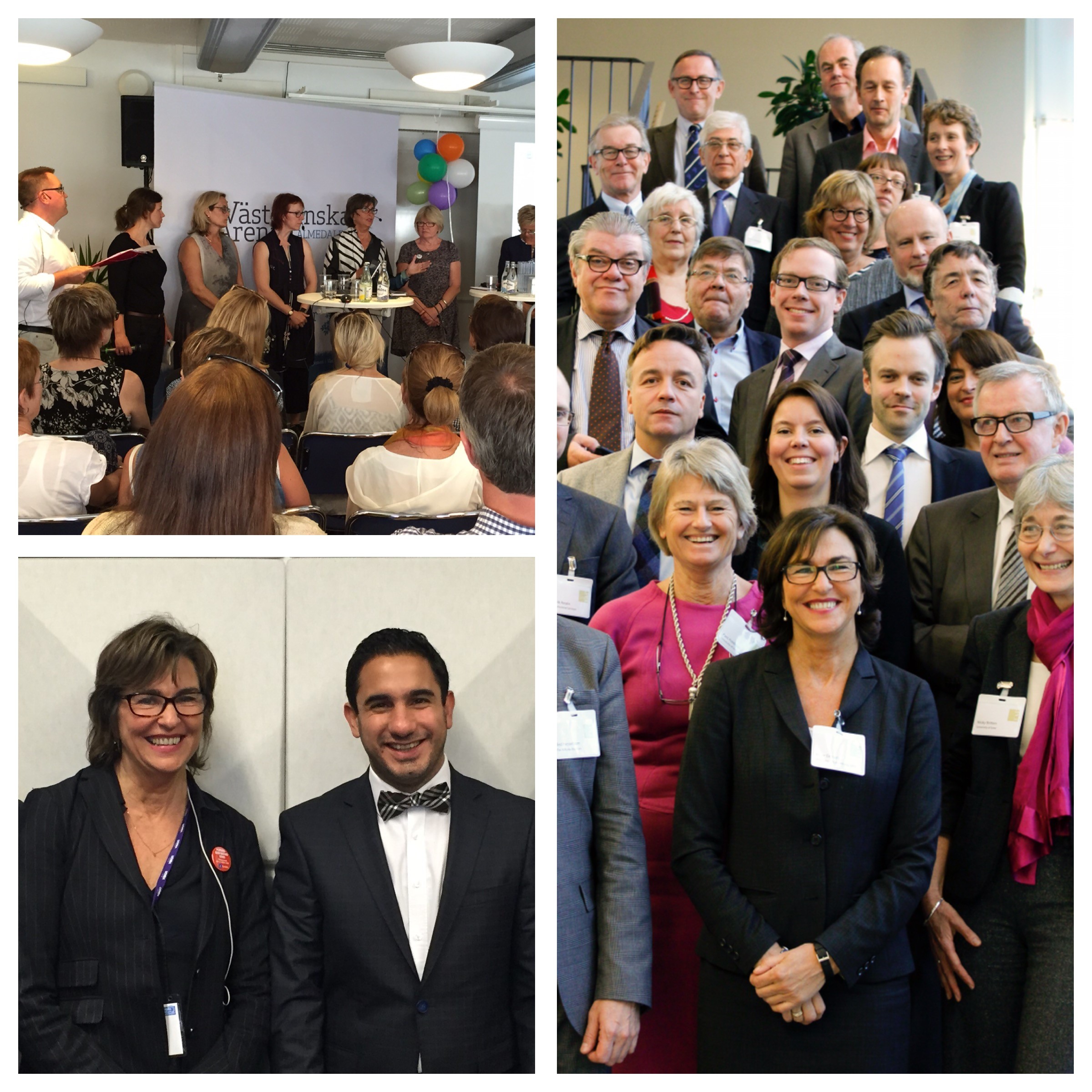 Bildkollage; överst från vänster; Inger deltar i debatt i Almedalen 2015, Med deltagarna på GPCC Summit 2011: The person-centred approach to an ageing society, Inger och Ardalan Shekarabi, Kvalitetsmässan 2015.