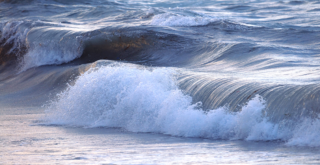 Havsvågor rullar in mot strand.