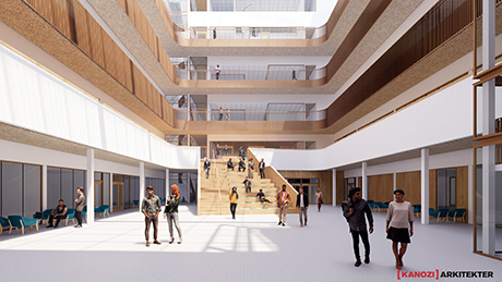 Illustration av den mellanliggande delen i Naturvetenskapliga fakultetens nya byggnad som bland annat rymmer ett atrium.