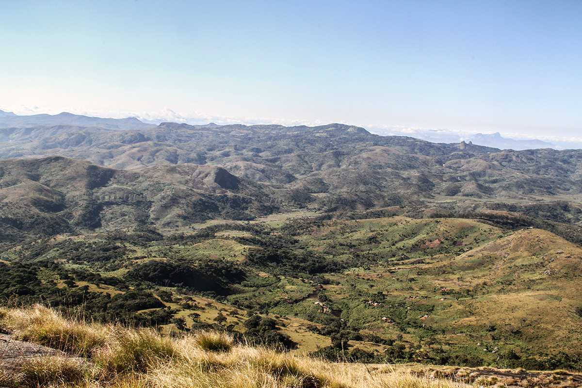 Overview of beautiful landscape around Mount Namuli on a clear day.