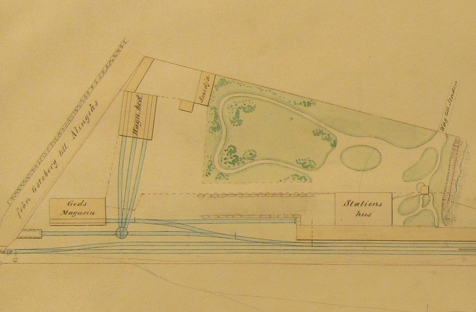 skiss över Alingsås station med stationspark och grönytor inritade
