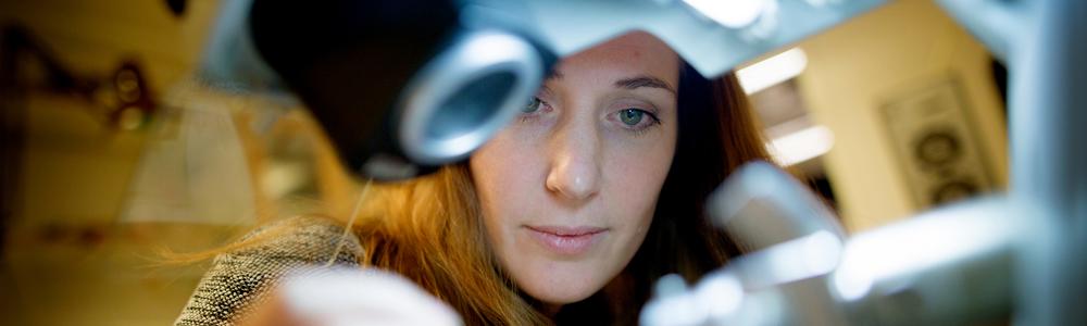 Johanna Höög, researcher at the Department of Chemistry and Molecular Biology, working with the microscope.