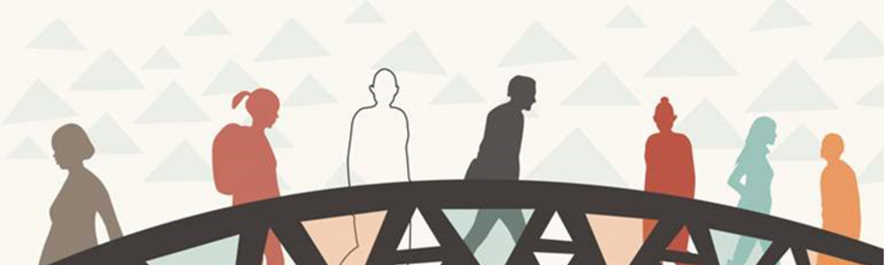 Illustration med människan som går över en bro