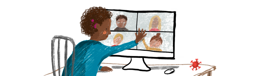 Tecknad bild av barn som träffas digitalt