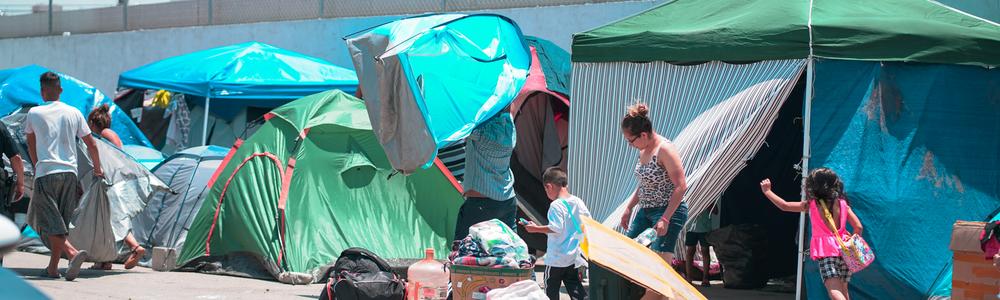 Refugees camping at the Mexican border.