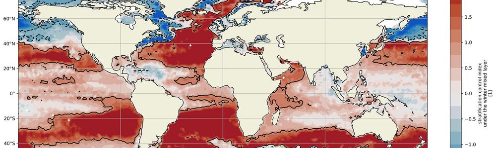 Global map of the Stratification Control Index, different colors indicating whether the local density is dominated by temperature or salinity.