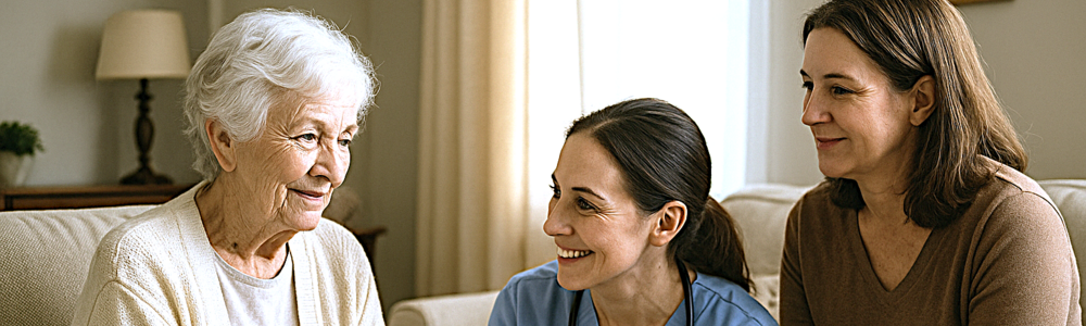 en kvinna i ett vardagsrum samtalar med läkare och en anhörig 