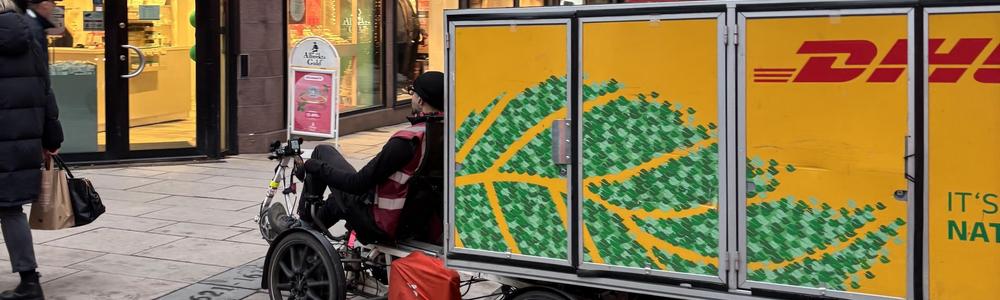 The image shows a cargo bike in central Gothenburg.