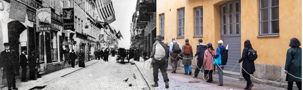Collage av en gammal bild på en gata i Göteborg med en ny bild där ett antal personer deltar i en repvandring.