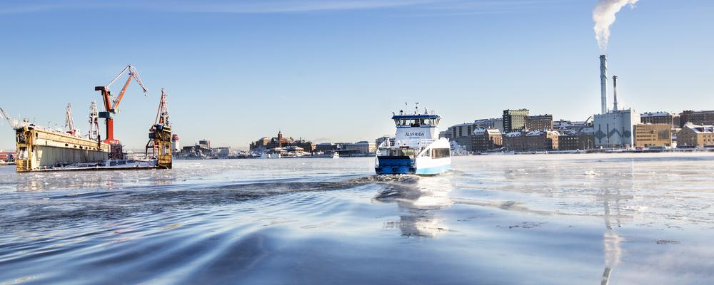 Ferry boats at Göta älv in Gothenburg in winter time.