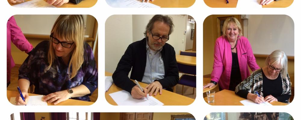 Collage, photos of the people signering the agreement for "Kulturarvsakademin", the Herigate Academy.