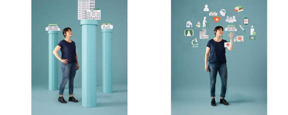 Illustration från näravårdutredningen som visar hur vårdens organisation flyttas från individuella pedistaler, till att centreras runt personen