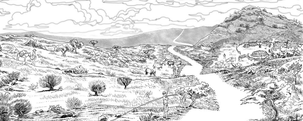 Rural landscape in Kenya, illustration.