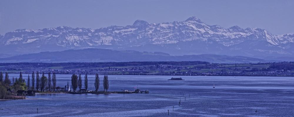 Lake Constance and mountains with snow.