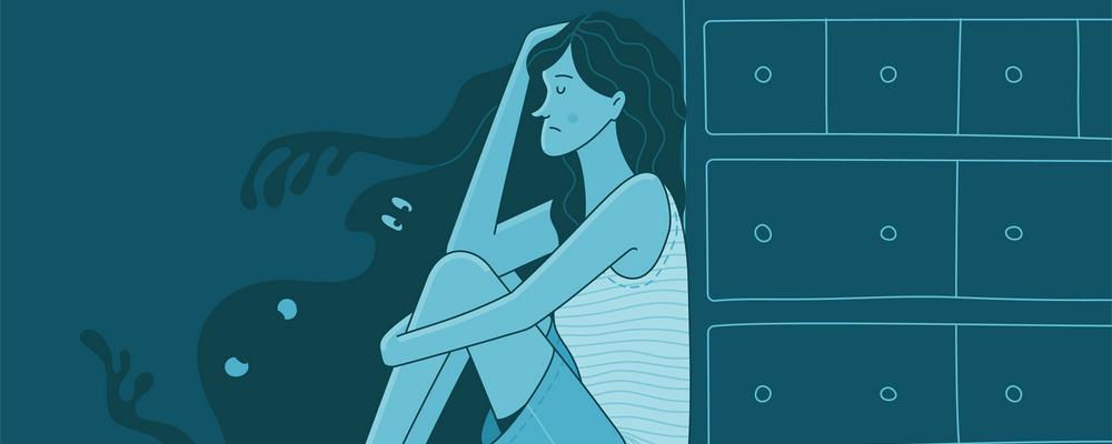 Illustration som visar en ung kvinna med ångestfyllda tankar.
