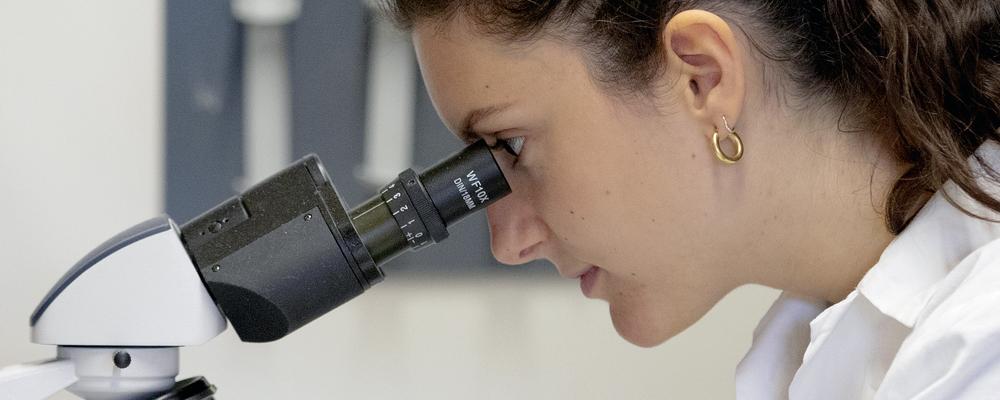 Student in molecular biology looking in the microscope.
