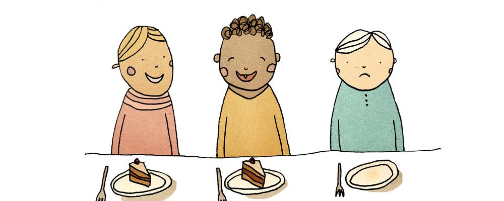 Illustration av rättvisa. Den tecknade bilden visar tre barn där två barn har fått en tårtbit, men en har blivit utan.