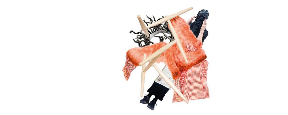 Poster image for the exhibition, photo montage with textiles, wood and metal