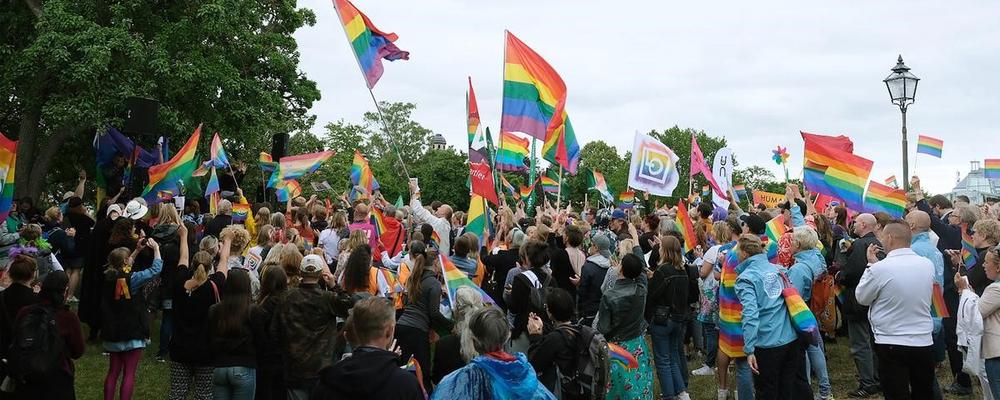 Bilden visar personer i en Pridemanifestation