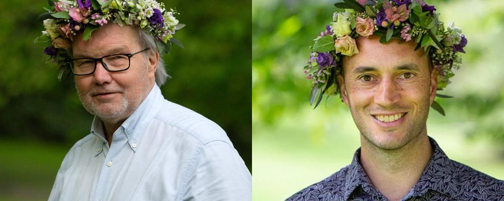 Ingmar Skoog och Alexandre Antonelli med blomsterkransar