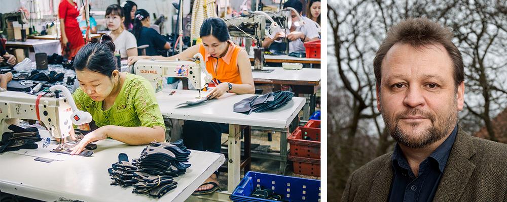 Kollage: Bild 1: Kvinnor som arbetar inom klädindustrin och syr kläder. Bild 2: Man (Gunnar Köhlin) i kavaj med träd i bakgrunden. 
