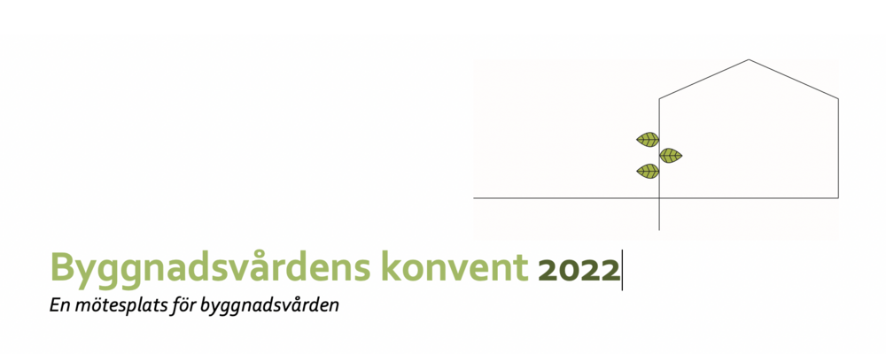 Bilden visar loggan för Byggnadsvårdens konvent, en stiliserad husgavel i svart med gröna blad