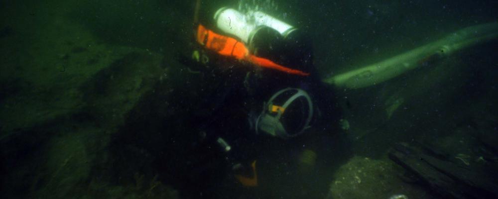 En dykare som undersöker ett skeppsvrak på havetsbotten, fotat under vattnet.