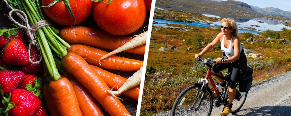 Bild på grönsaker och en tjej som cyklar