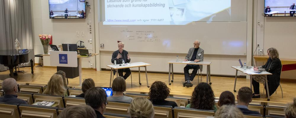 Bild på när Roger Säljö föreläser i Kjell Härnqvist-salen.
