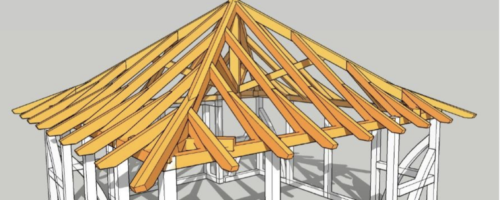 Bildden visar en tredimensionell ritning av en takkonstruktion i stolpverk