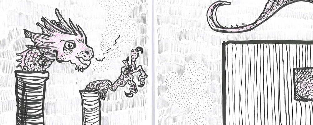 tecknad bild på drake vars huvud och klor sticker upp ur skorstenar