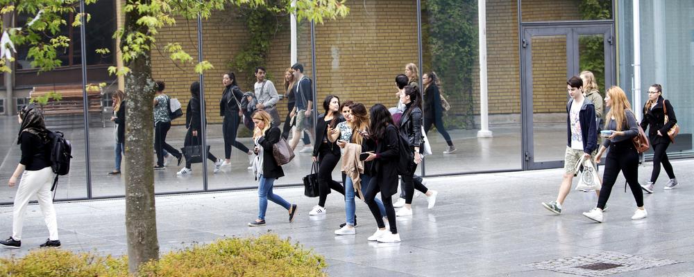 Foto på studenter som är ute och går på campus Medicinareberget