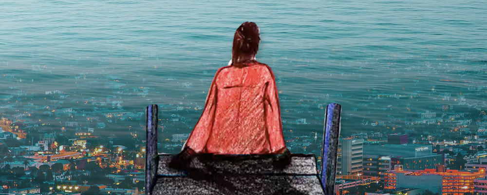 Tecknad bild där en person sitter på en brygga och tittar ut över havet. På havet finns en liten båt och under vattnet speglar sig en hel stad.