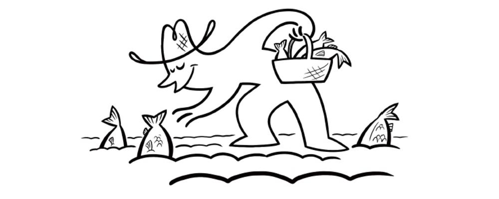 Illustration av person som plockar fisk ur havet