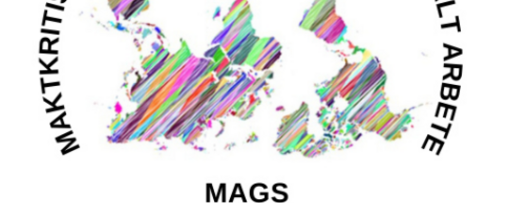 Bild på en världskarta med forskargruppens MAGS, Maktkritiska och globala studier, namn i.