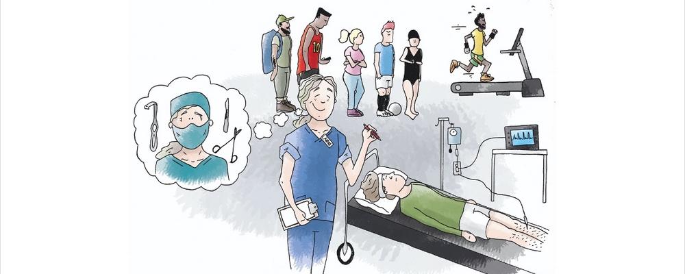 Omslagsillustration, teckning med händelser från ett sjukhus