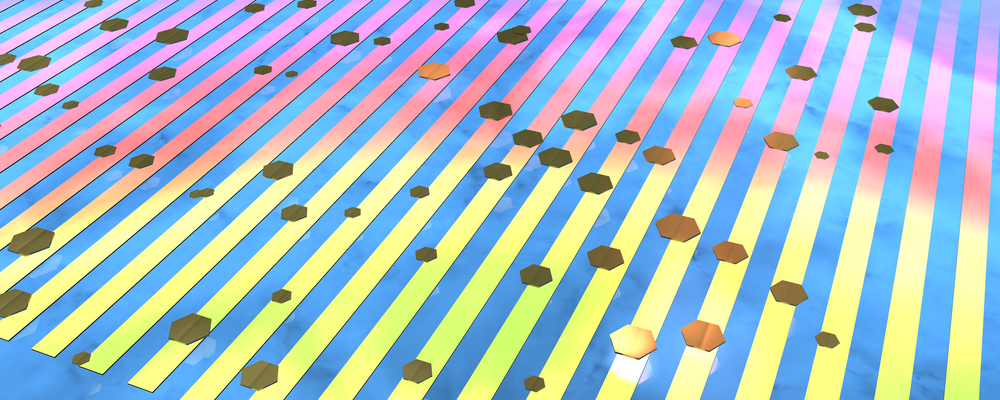 En illustration av mikroskopiska guldflagor på en yta.